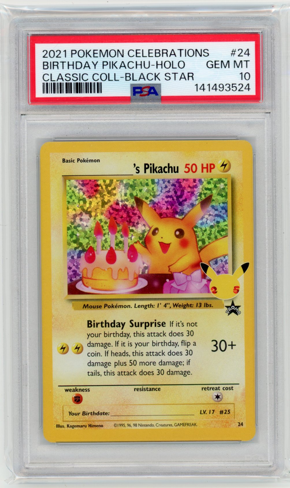 Birthday Pikachu 2021 Pokemon Celebrations Black Star Promos #24 PSA Authenticated 10 Card