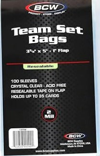 BCW Resealable Team Set Bags – 100 Count | Holds 35 Loose Cards or 5 Standard 35pt Toploaders | Fits Magnetics up to 108pt | Acid-Free Team Bags for Trading Cards & Shipping