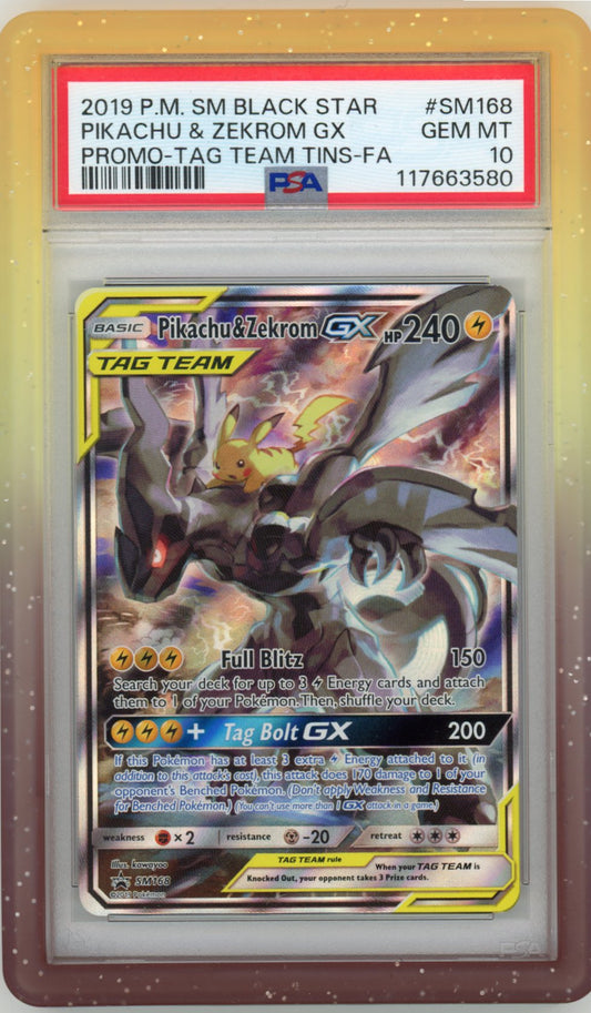 PIKACHU & ZEKROM GX 2019 POKEMON SM BLACK STAR PROMO TIN #SM168 PSA 10