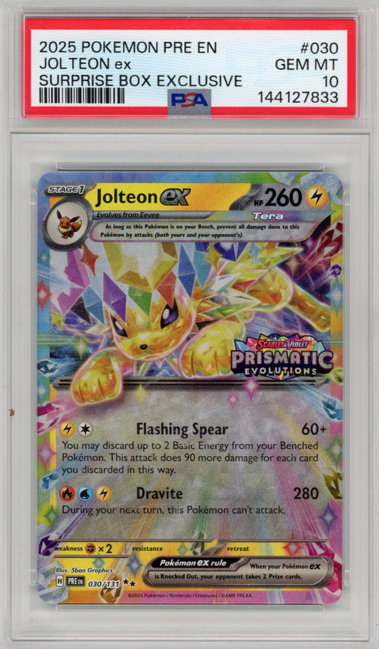 2025 Pokemon Prismatic Evolutions Jolteon ex Surprise Box Exclusive Stamped PSA 10