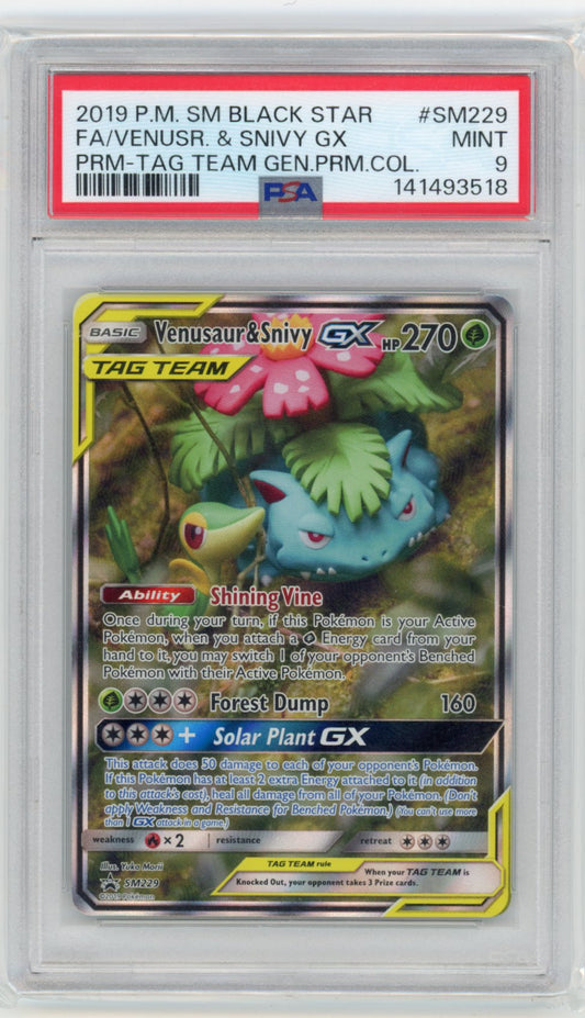 2019 Venusaur & Snivy SM229 Tag Team PSA 9
